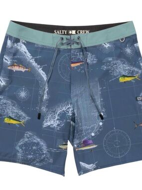 SALTY CREW Men's Boardshorts Trunks FISH Blue Pocket Sz 36 Swimsuit 19” Quickdry